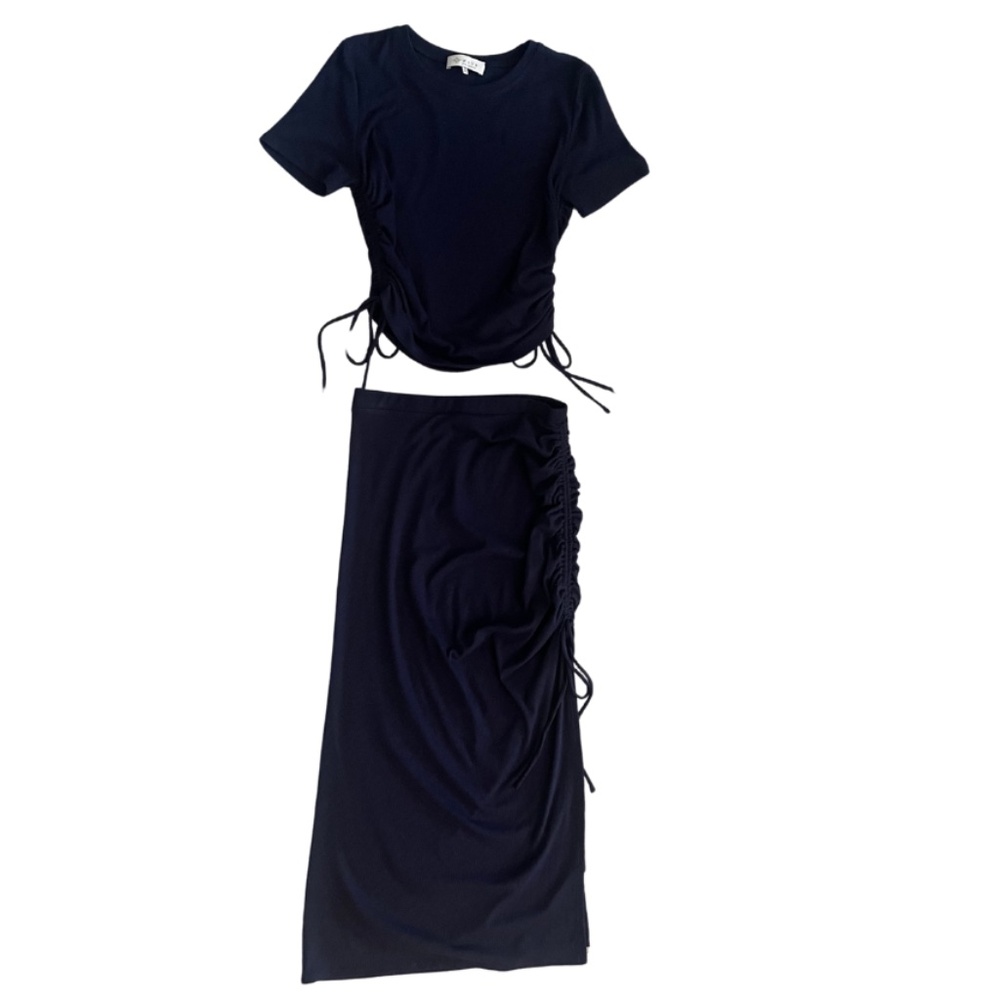 Wayf Navy Blue Ribbed Cinched Top and Midi Skirt Set Size Small